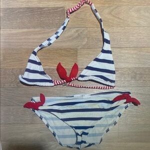 Striped Blue and White Kids Bikini with Red Accents